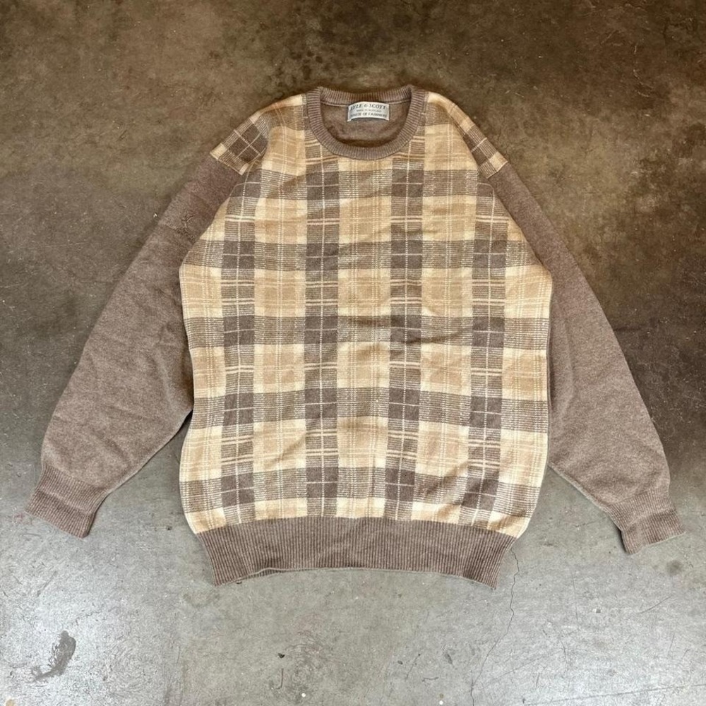 Vintage 90s Lyle & Scott brown plaid cashmere sweater Size men's large